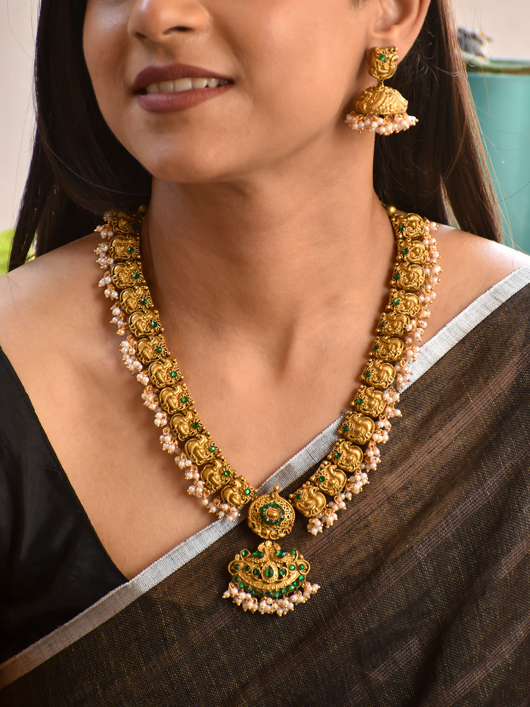 Terracotta Antique Gold Temple Coin Necklace with Green Stone Detailing & Pearl Drops