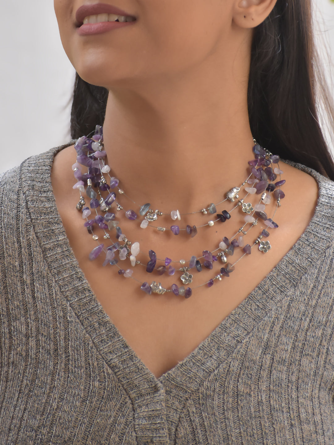 AmaraStone – Multi-Layer Deep Purple Amethyst Agate Necklace with German Silver Motifs