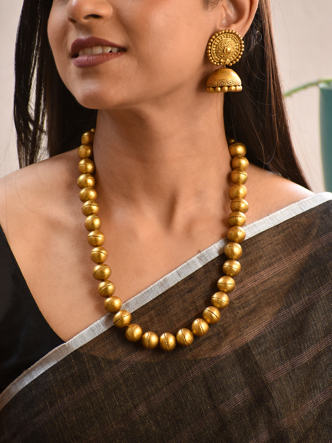 Terracotta Antique Gold Round Bead Necklace with Traditional Jhumka Earrings