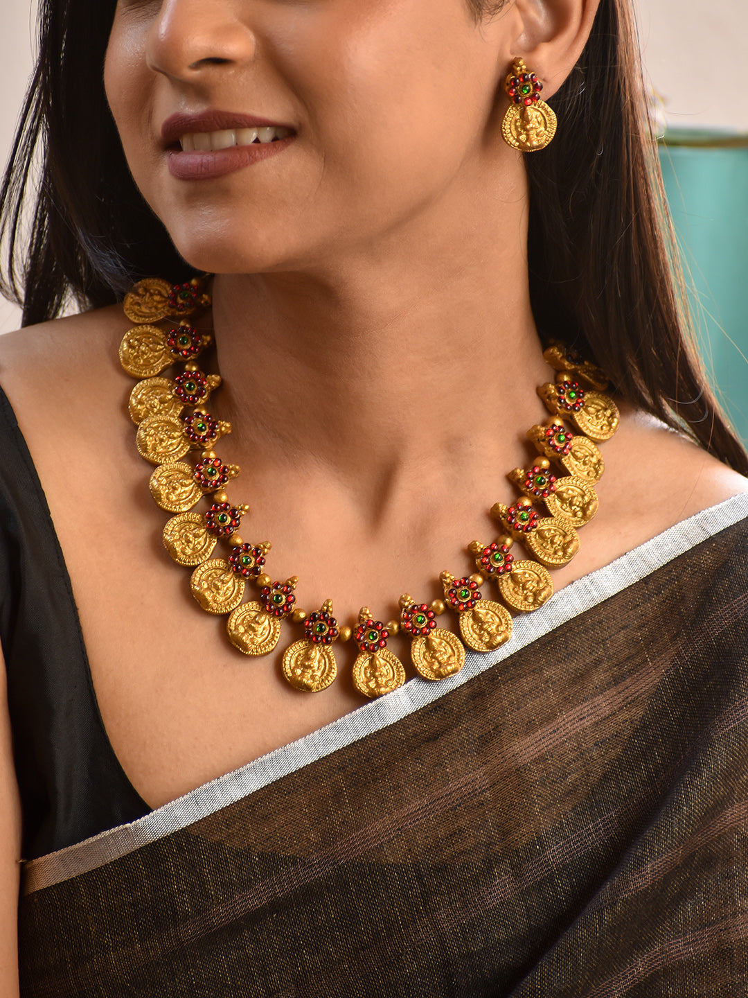 Terracotta Antique Gold Temple Coin Necklace with Multicolor Floral Accents & Drop Earrings