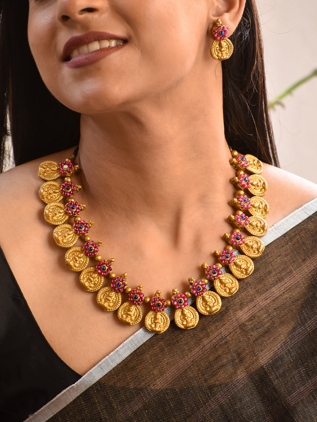 Terracotta Antique Gold Temple Coin Necklace with Pink Floral Connectors & Drop Earrings