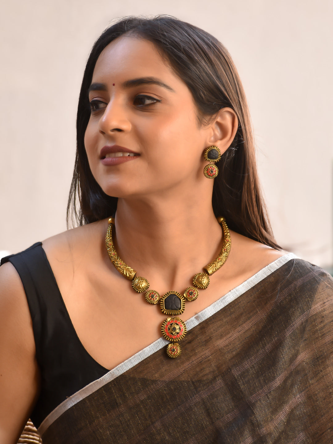 Terracotta Antique Gold Dual-Tone Temple Choker with Black Center Motif & Floral Drops