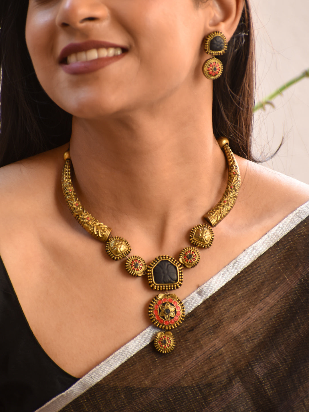 Terracotta Antique Gold Dual-Tone Temple Choker with Black Center Motif & Floral Drops