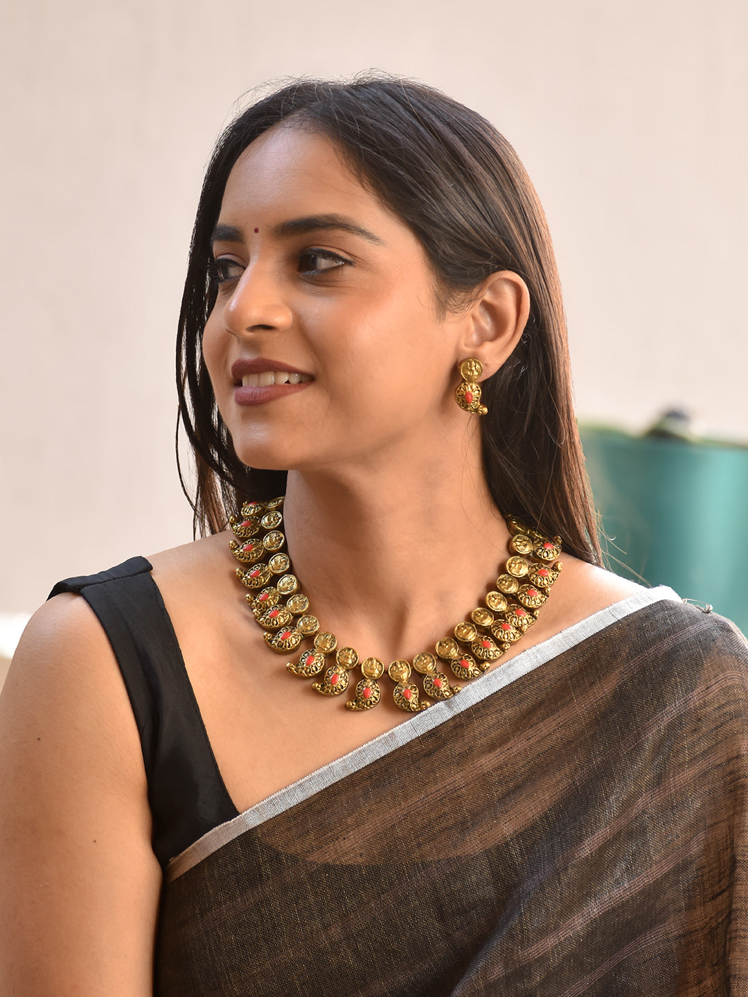 Terracotta Antique Gold Temple Paisley Choker with Coral Red Stone Detailing & Stud Earrings