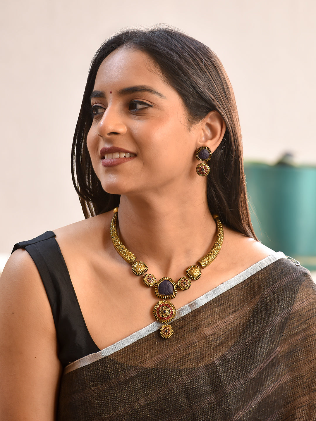 Terracotta Antique Gold Temple Choker with Purple Center Stone & Floral Drop Pendant