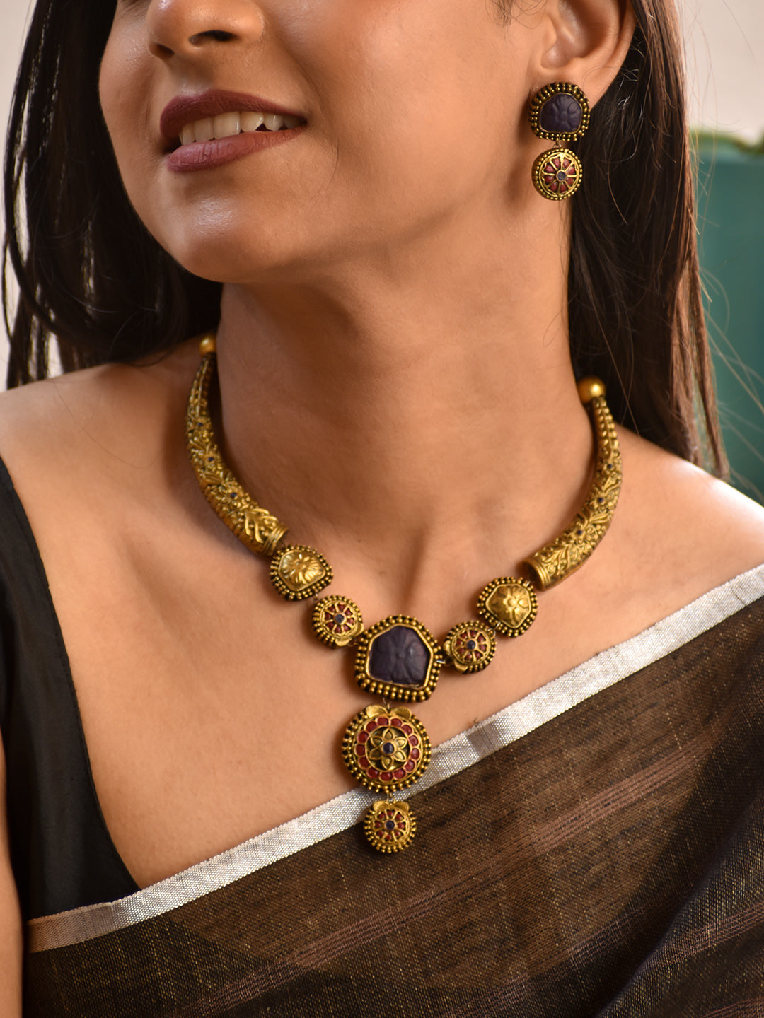 Terracotta Antique Gold Temple Choker with Purple Center Stone & Floral Drop Pendant