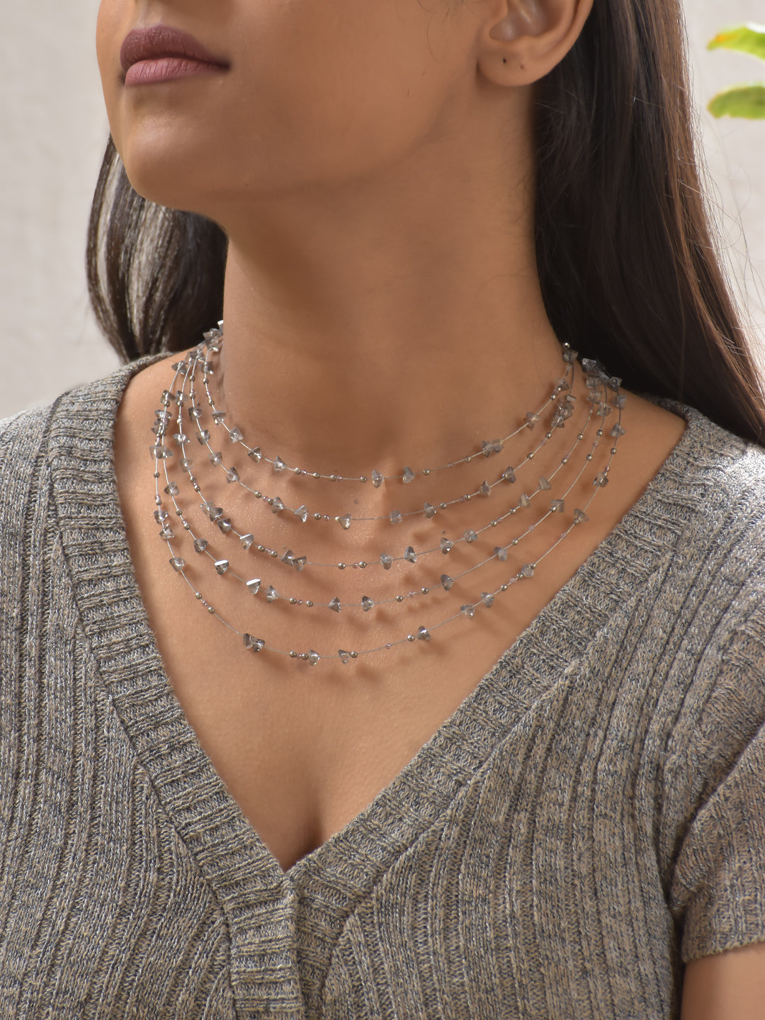 LunaGlow – Multi-Layer Smoky Grey Agate Gemstone Necklace with German Silver Accents, Layered Boho Statement Jewelry