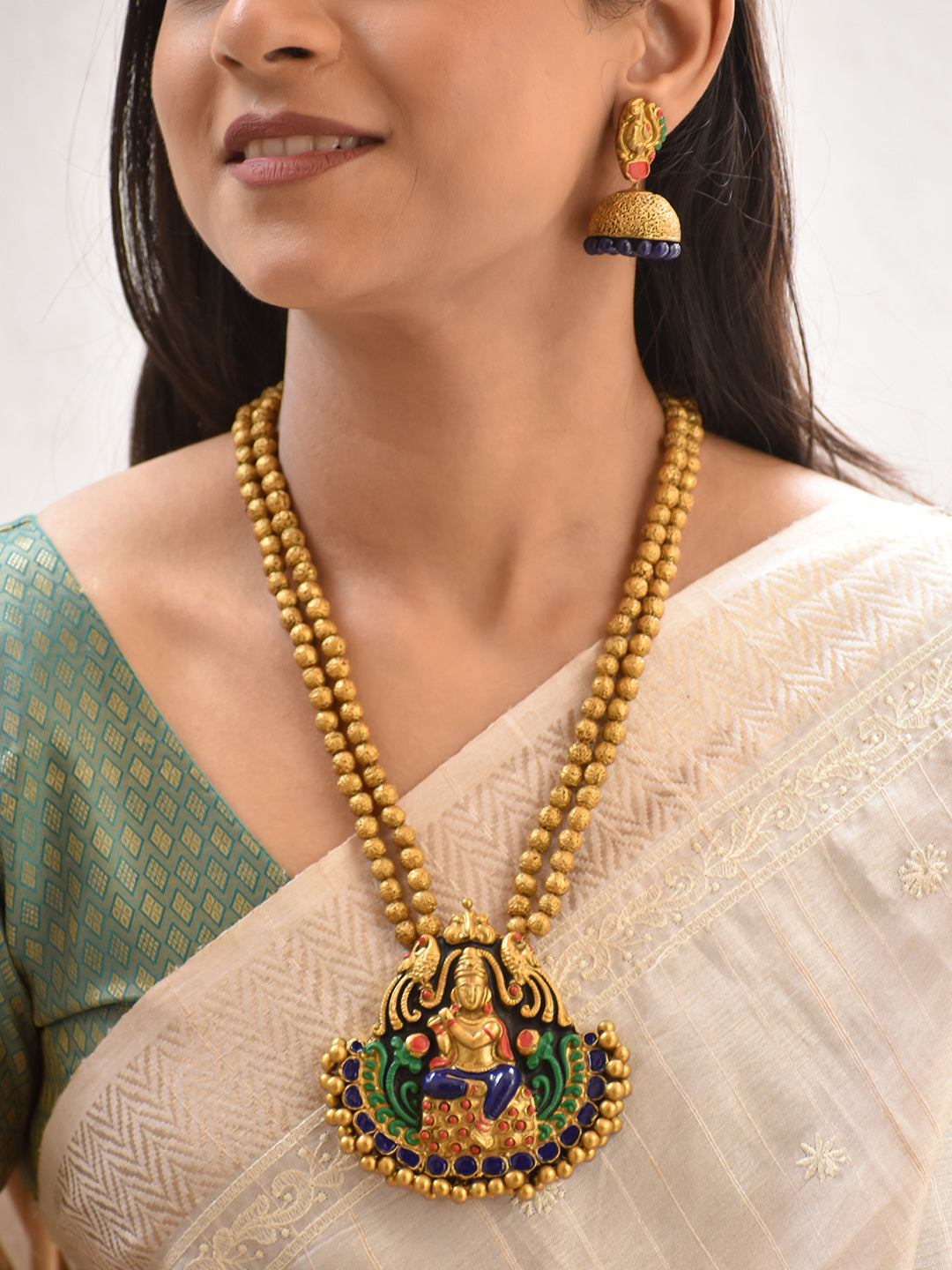 Terracotta Antique Gold Temple Gopalkrishna Pendant Necklace with Double Bead Chain & Jhumka Earrings