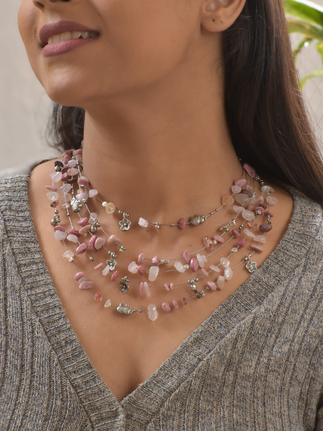 Rosalune – Multi-Layer Pink Rose Quartz Agate Necklace with German Silver Motifs