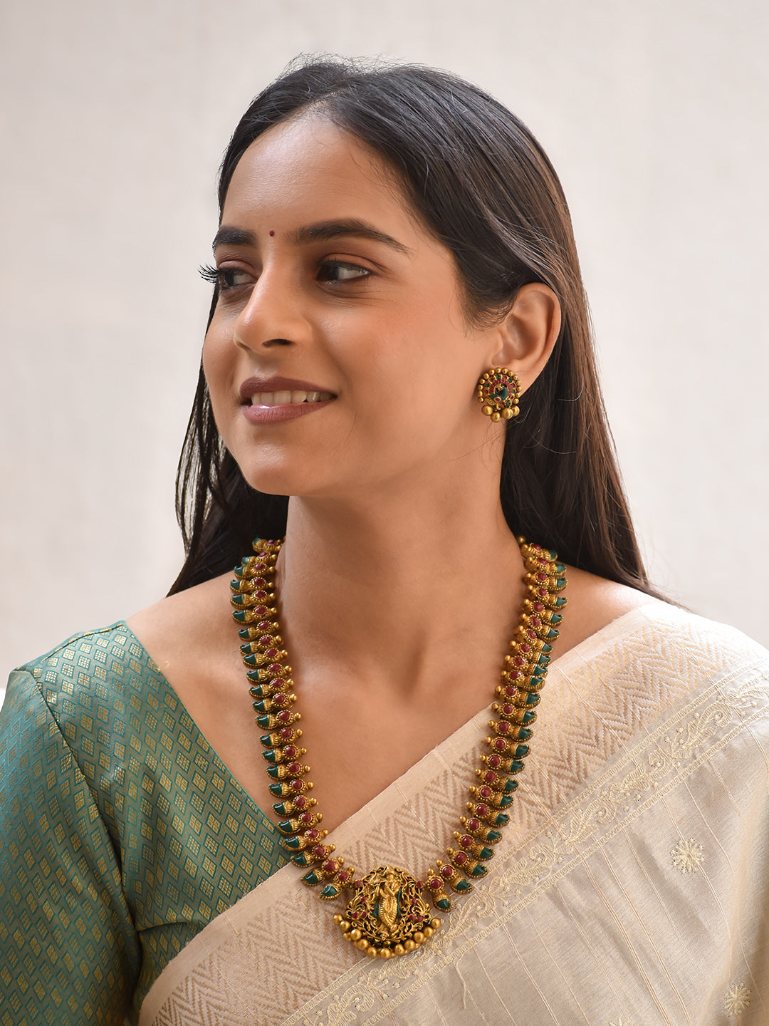 Terracotta Antique Gold Krishna Temple Necklace with Green Teardrop Stones & Red Accents