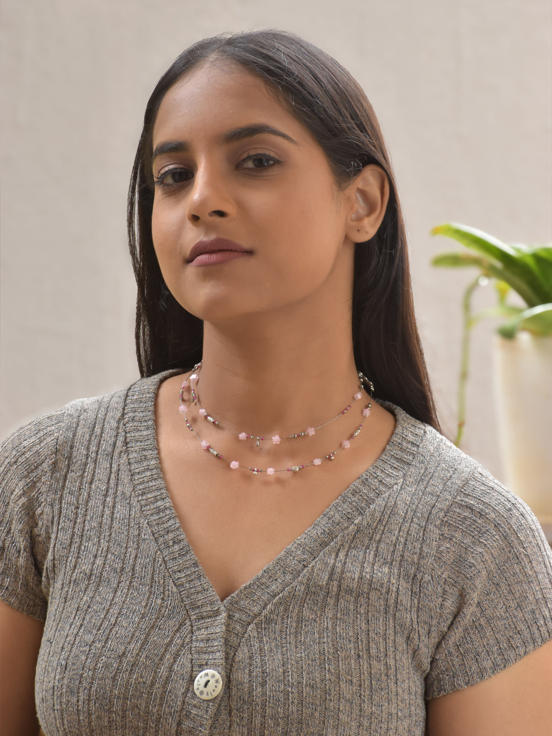 Primrose – Pink Floral Beaded Two-Layer Necklace with German Silver Accents