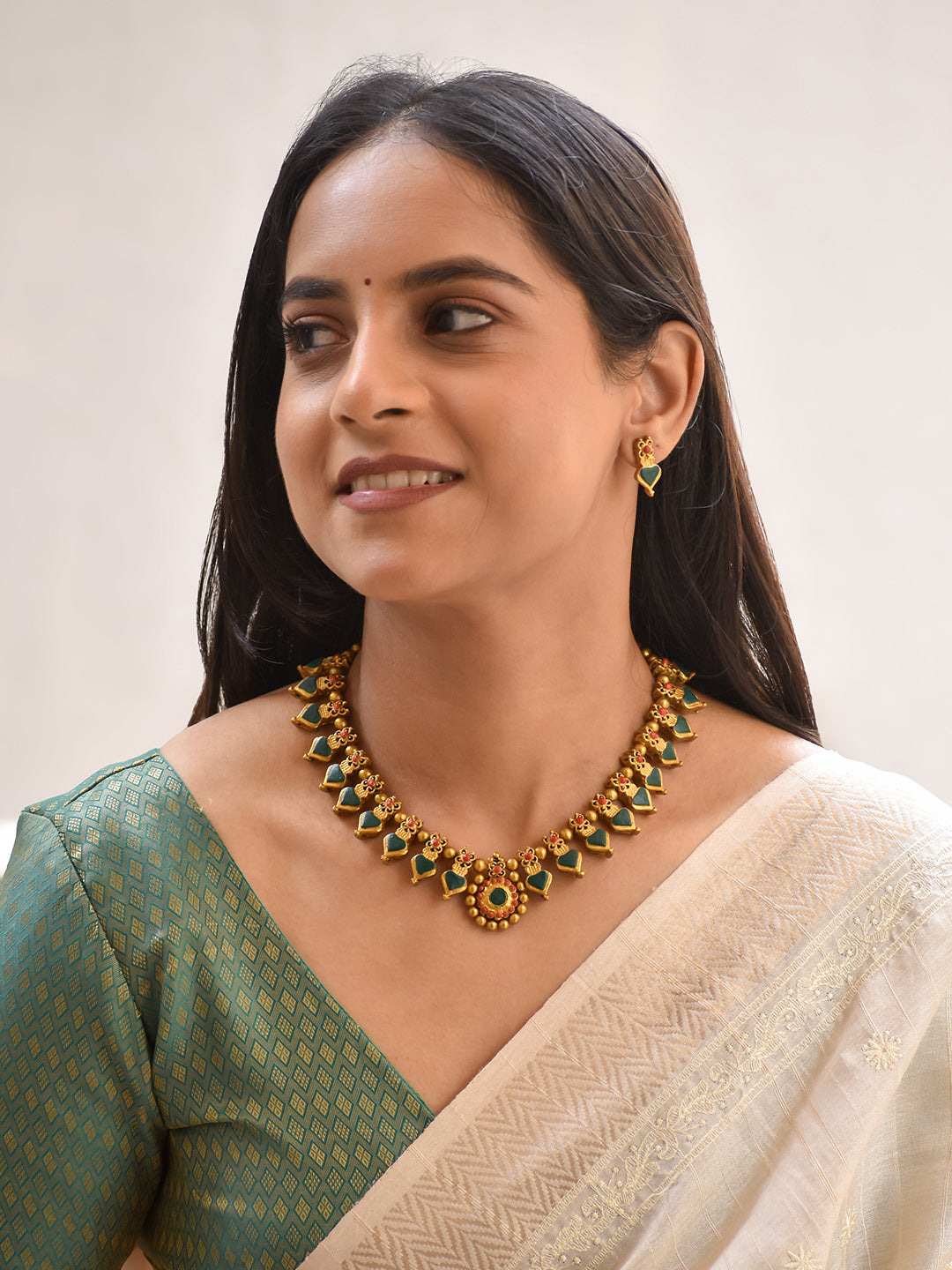 Terracotta Antique Gold Green Heart Motif Necklace with Floral Center Pendant