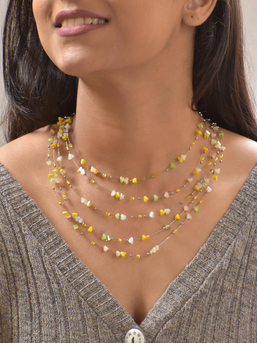 SunSway – Multi-Layer Yellow Green Agate Gemstone Necklace with German Silver Accents