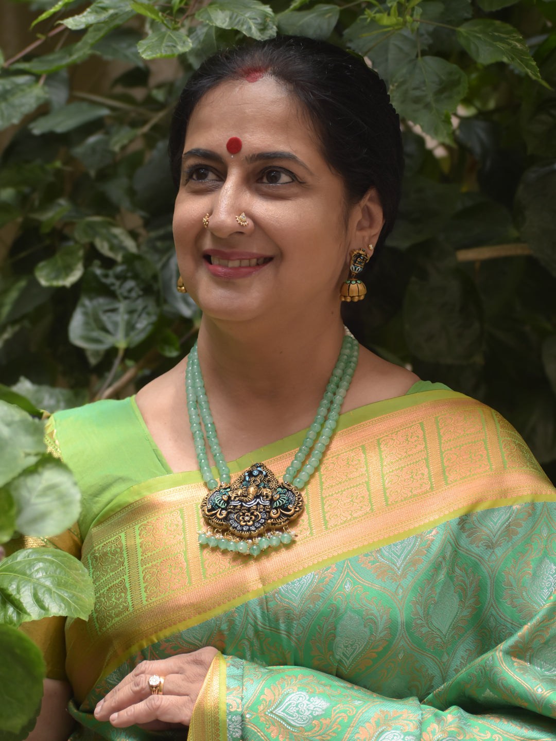 Handcrafted Ganesha Terracotta Necklace Set with Green Beads & Pearl Accents