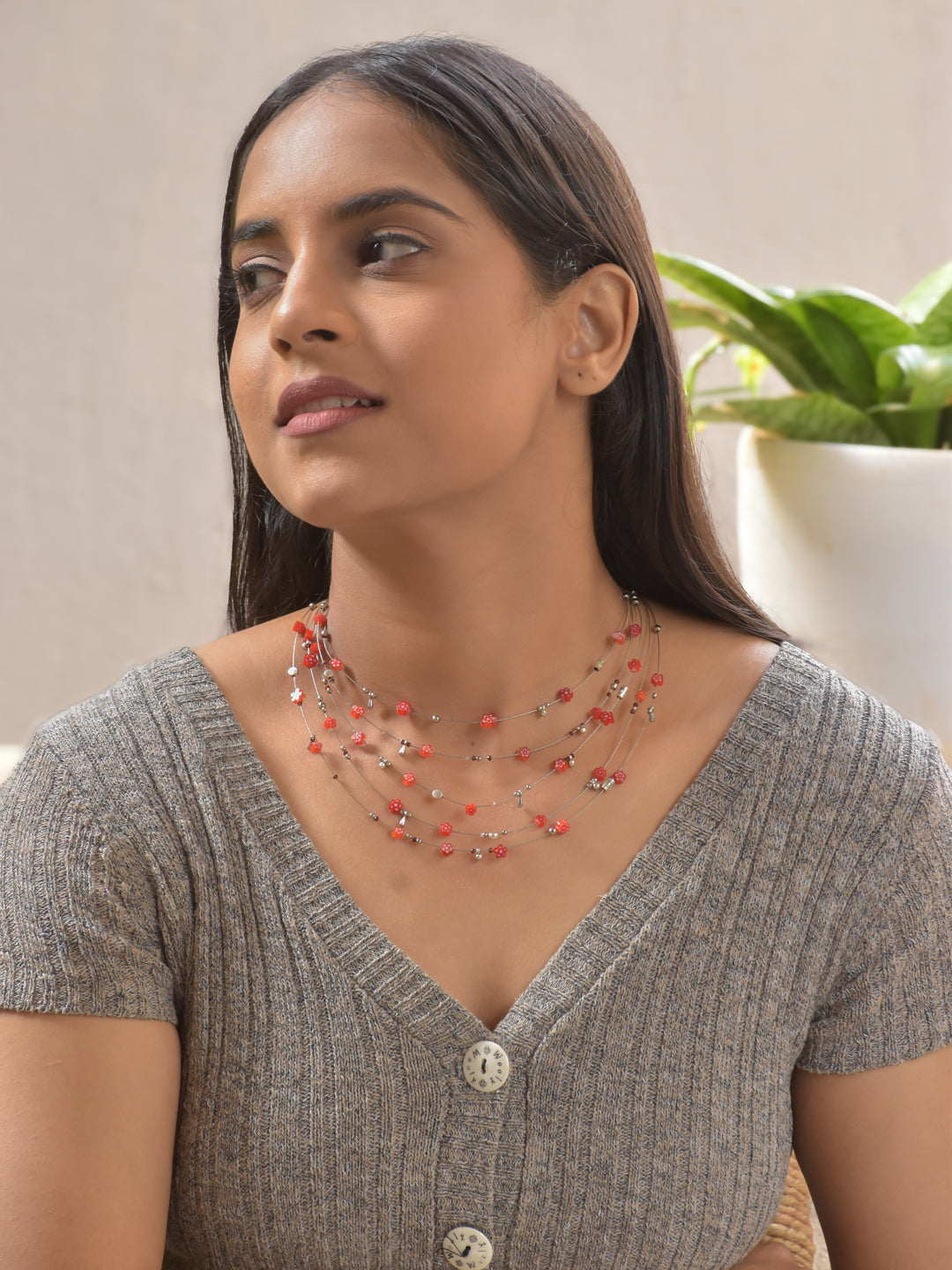 Rosabella – Multi-Layer Red Floral Beaded Necklace with German Silver Accents