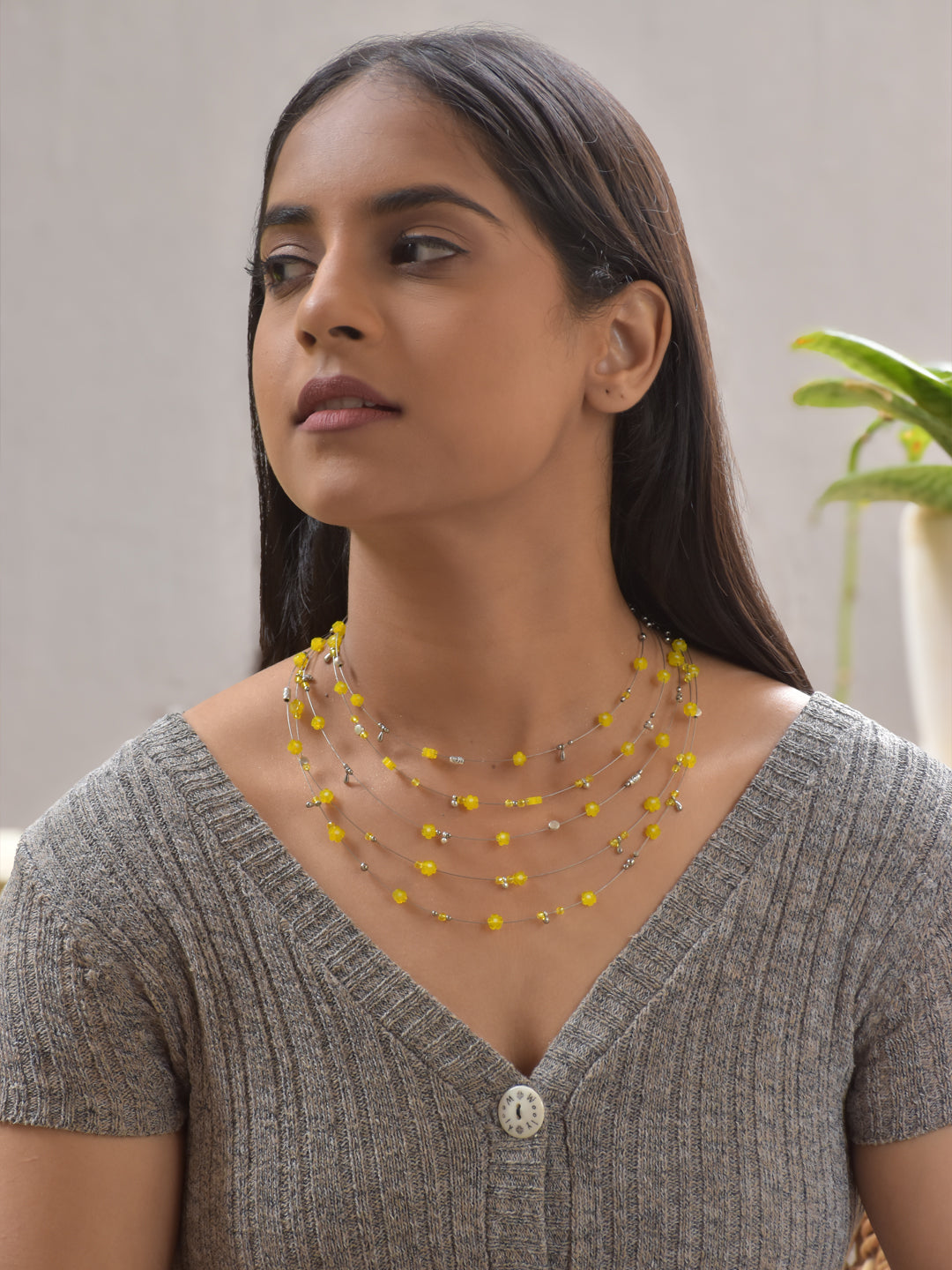 SunPetal – Multi-Layer Yellow Floral Beaded Necklace with German Silver Accents