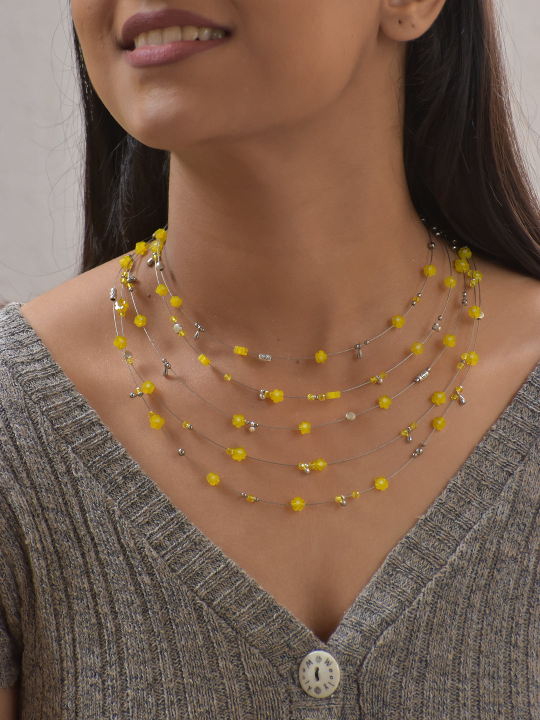 SunPetal – Multi-Layer Yellow Floral Beaded Necklace with German Silver Accents
