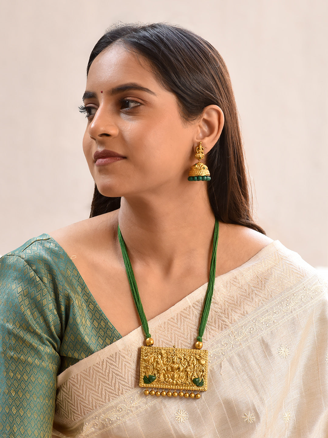 Terracotta Antique Gold Temple Pendant Necklace with Green Thread Cord