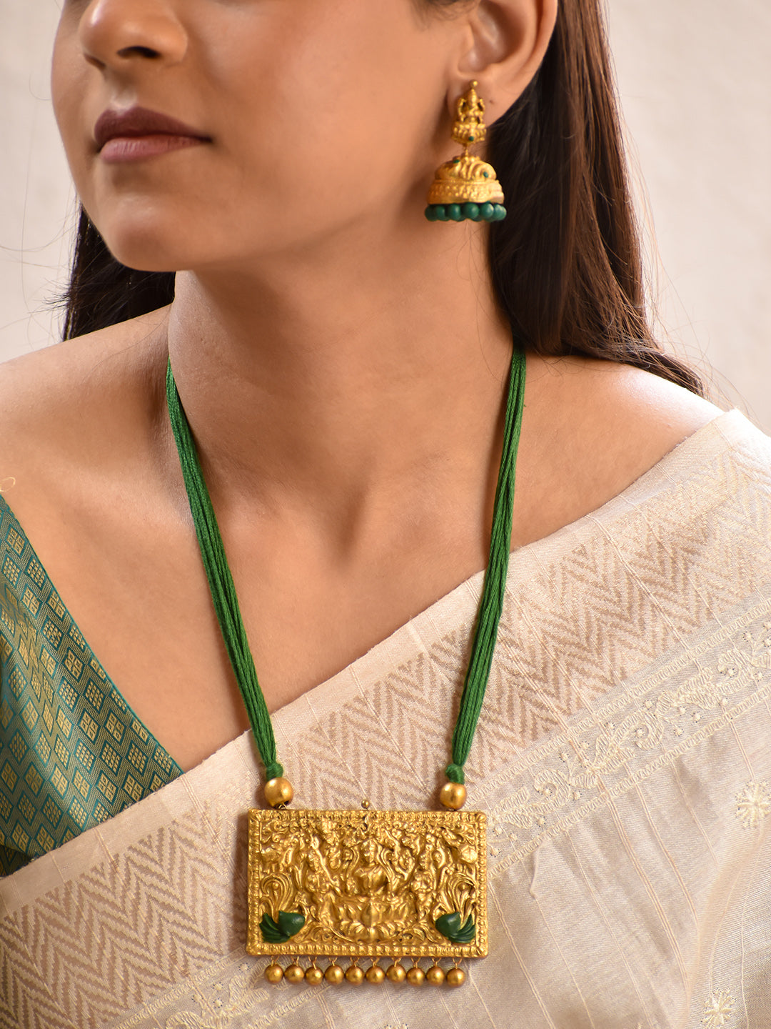 Terracotta Antique Gold Temple Pendant Necklace with Green Thread Cord