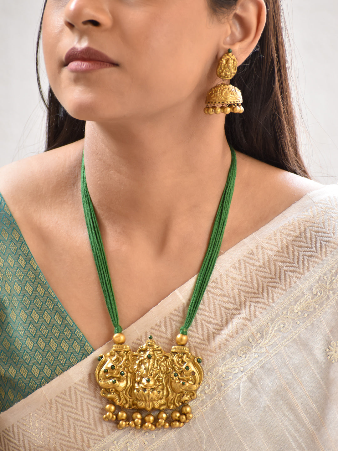 Terracotta Antique Gold Ganesha Temple Pendant Necklace with Green Thread