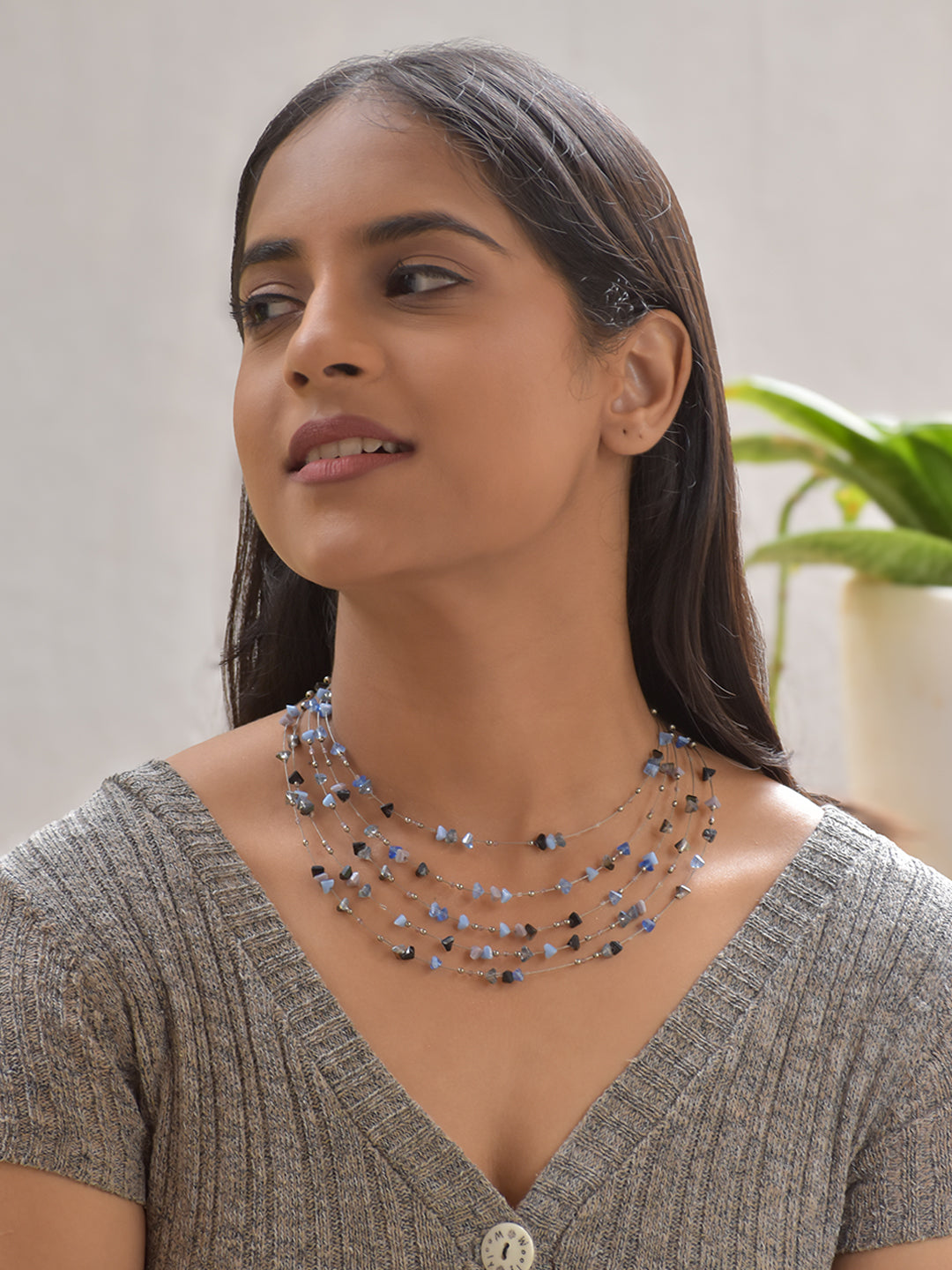 Starlace – Multi-Layer Agate Gemstone Choker Necklace Dainty Blue & Black Crystal Beaded Statement Jewelry