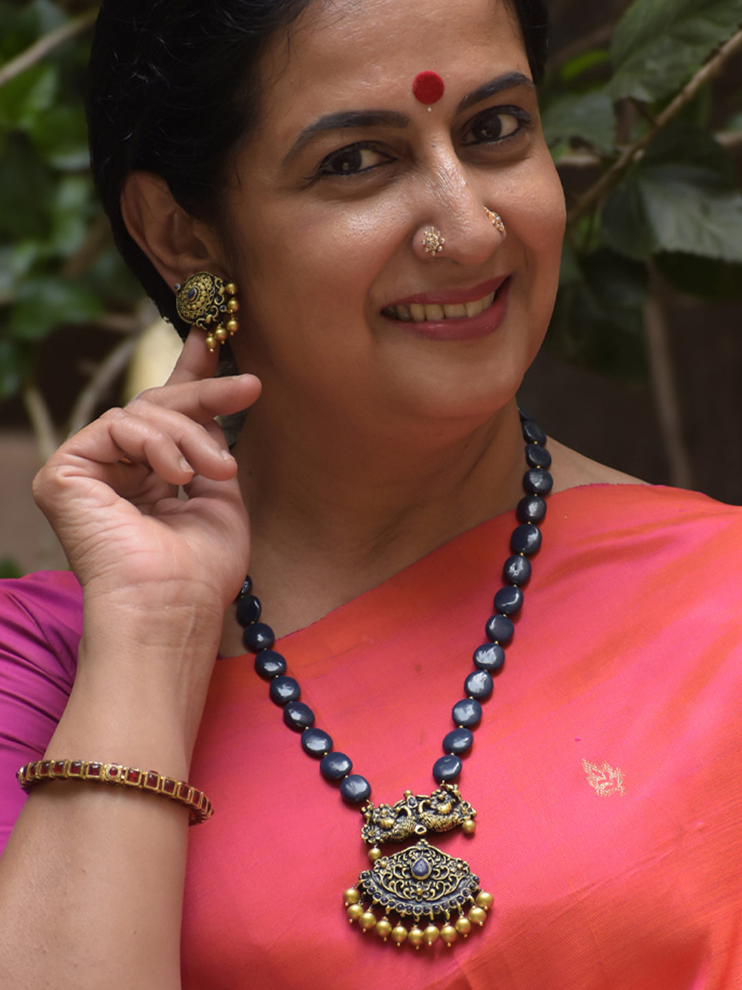 Handmade Terracotta Blue Beaded Peacock Pendant Necklace Set with Stud Earrings in Antique Gold