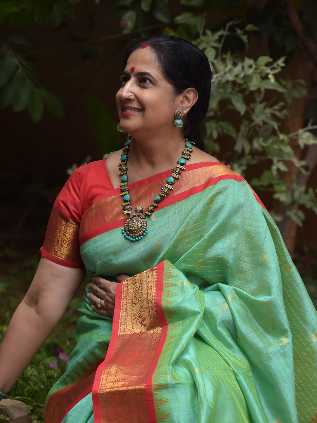 Handcrafted Lakshmi Pendant Oval ShapeTerracotta Jewellery Set in Blue & Antique Gold