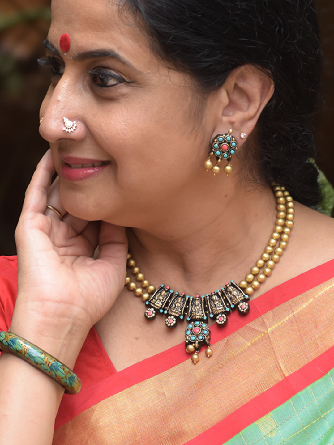 Handcrafted Terracotta Lakshmi Design Choker Necklace Set in Antique Gold, Blue and Red