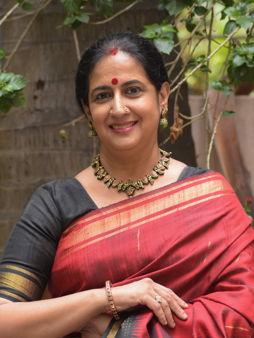 Handcrafted Terracotta Antique Gold Mango Motif Peacock Design Necklace Set in Red and Green