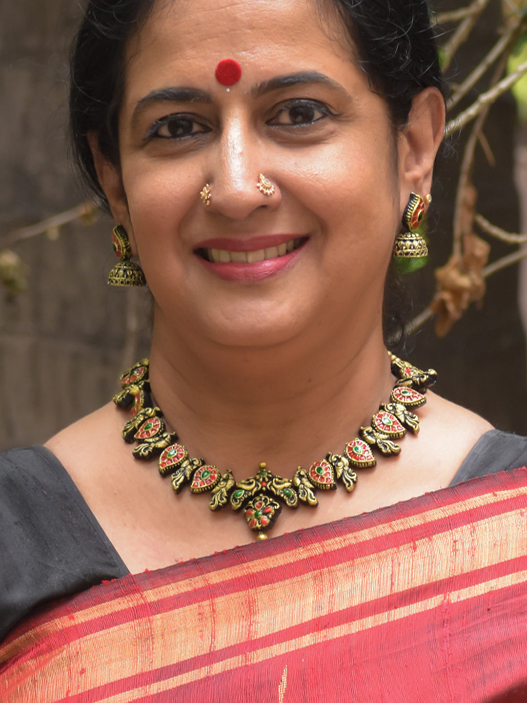 Handcrafted Terracotta Antique Gold Mango Motif Peacock Design Necklace Set in Red and Green