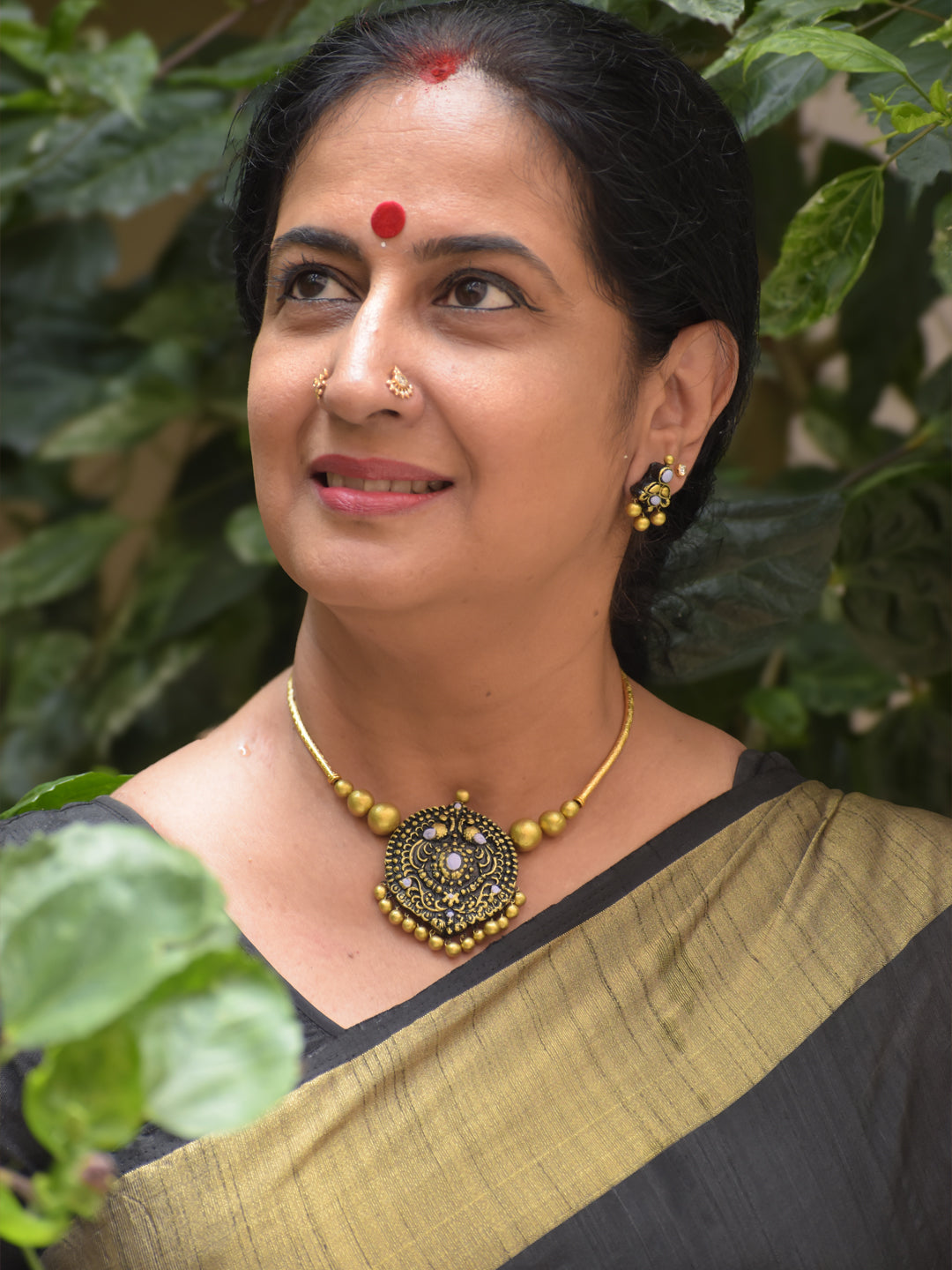 Handcrafted Peacock Design Terracotta Necklace Set in Mauve & Antique Gold