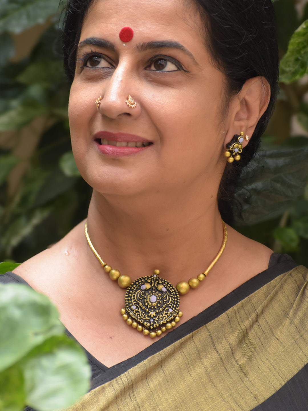 Handcrafted Peacock Design Terracotta Necklace Set in Mauve & Antique Gold