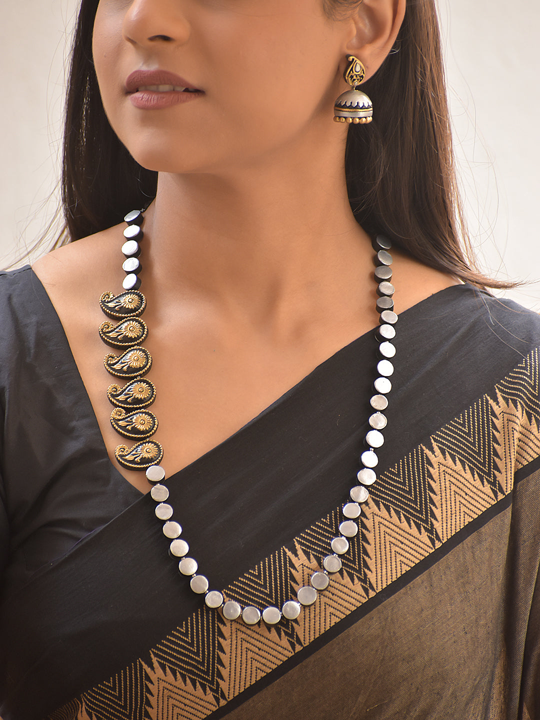 Terracotta Paisley Silver Color - Disc Necklace Set With Jhumkas