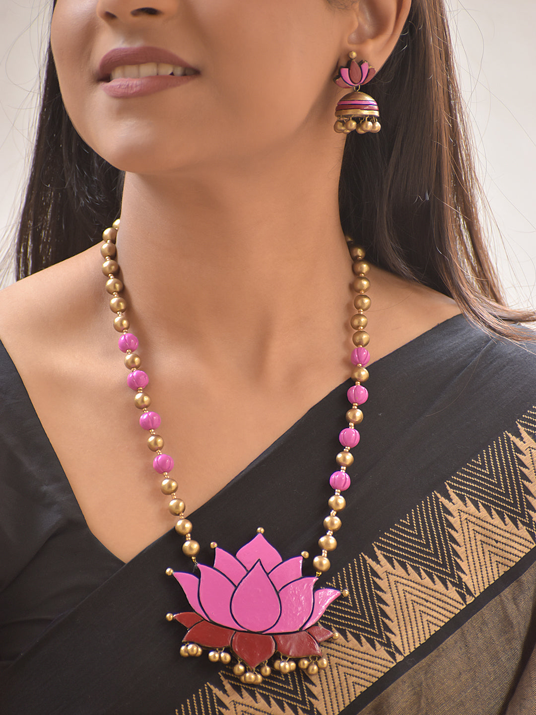 Terracotta Pink Lotus Pendant Beaded Necklace With Jhumkas