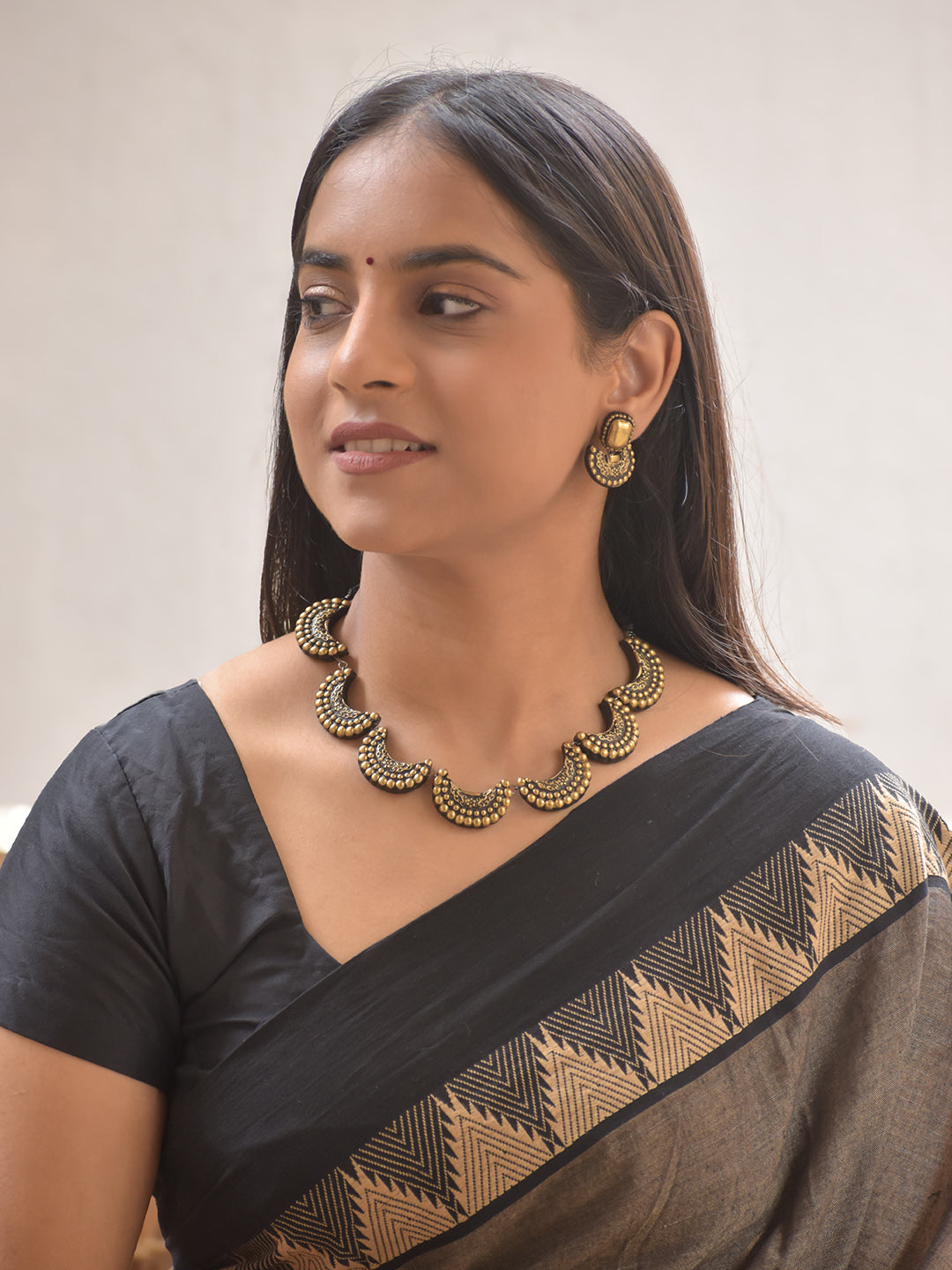 Terracotta Crescent Regal Necklace Set With Jhumkas