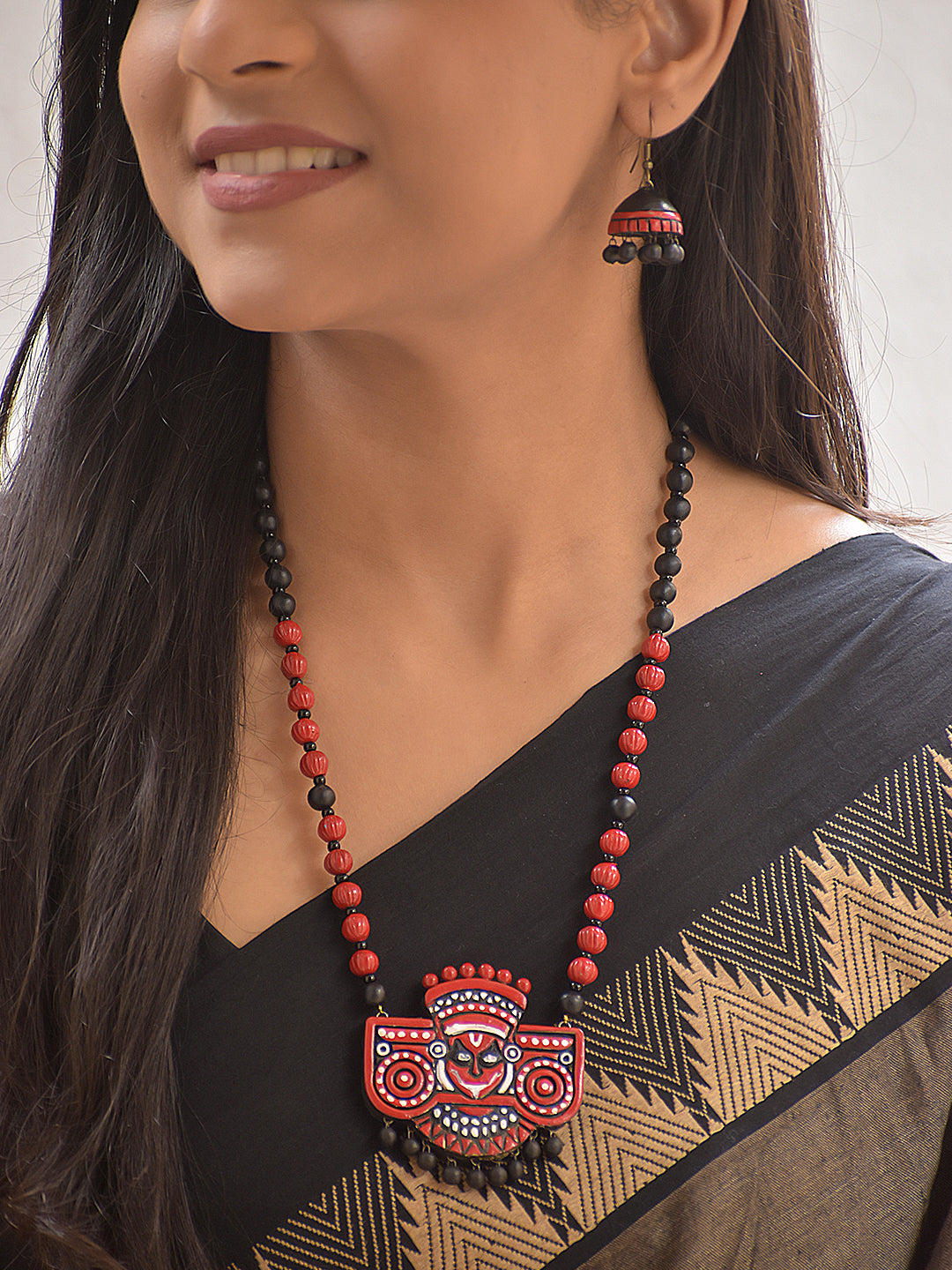 Terracotta Kathakali Face Beaded Statement Necklace With Hanging Studs