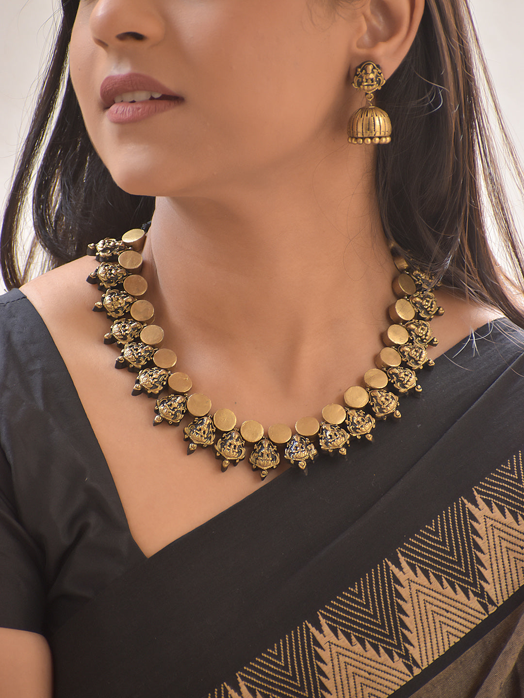 Handmade Terracotta Lakshmi Coin Temple Necklace Set with Antique Jhumkas
