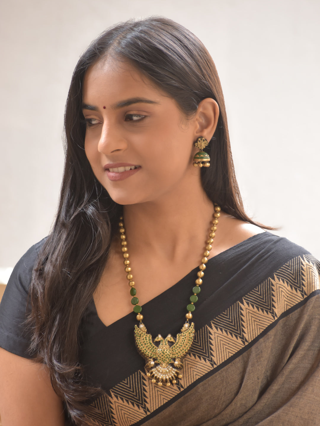 Terracotta Gold Green Beaded Peacock Motif Statement Necklace With Jhumkas