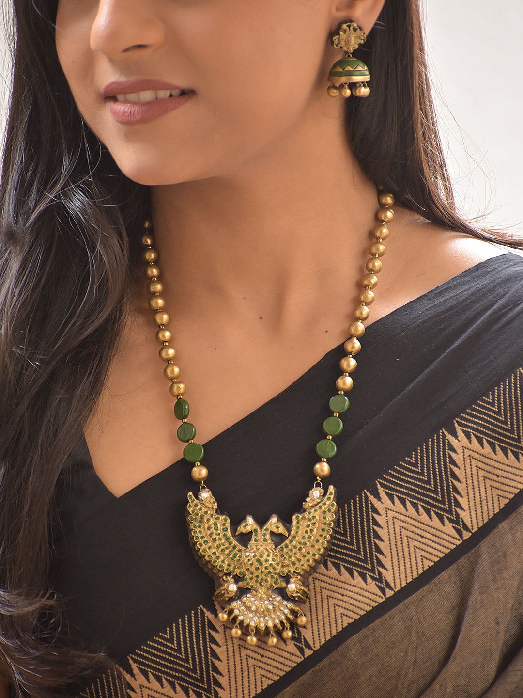 Terracotta Gold Green Beaded Peacock Motif Statement Necklace With Jhumkas