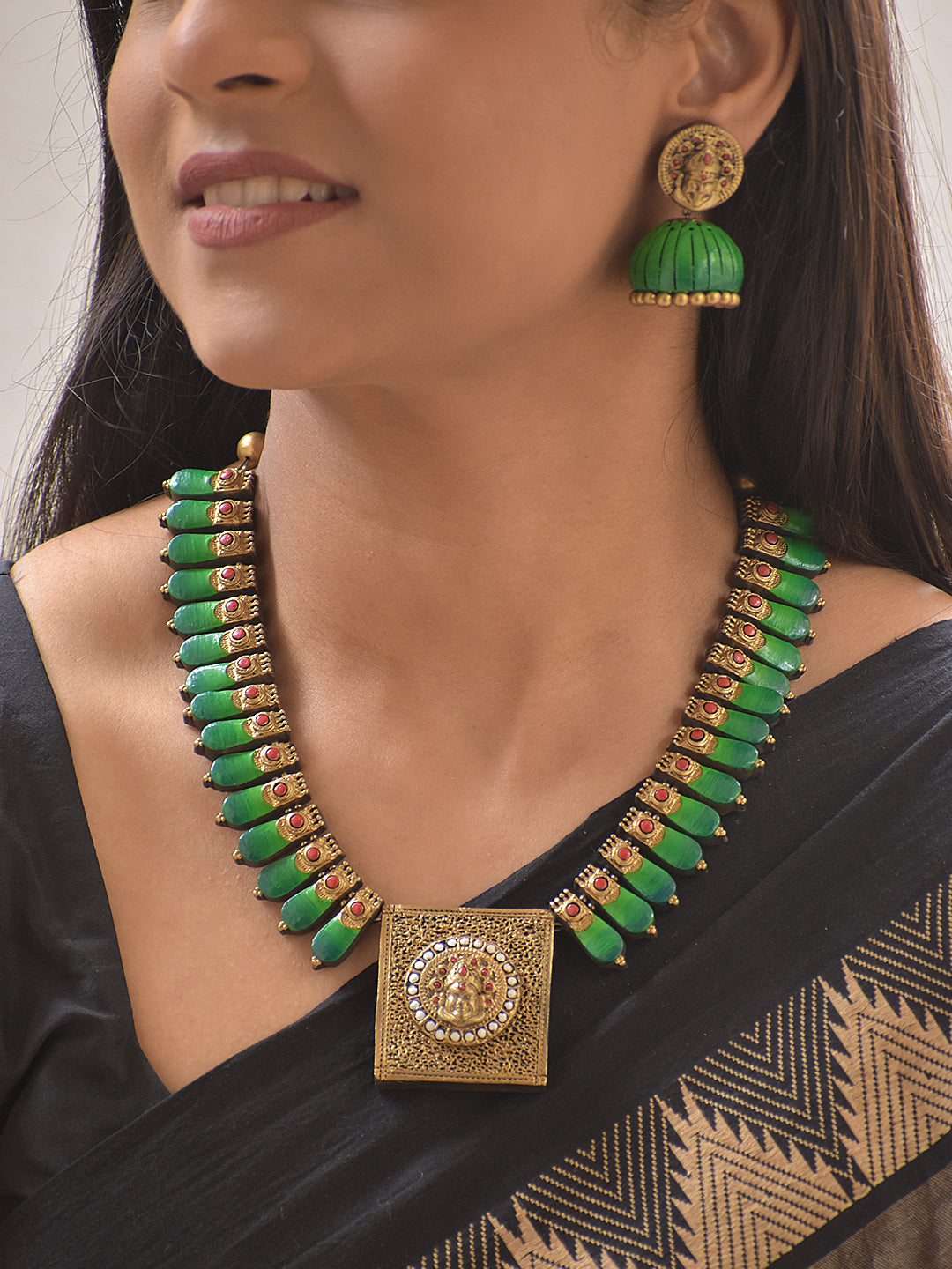 Manimekha – Terracotta Green-Gold Temple Necklace Set with Square Lakshmi Pendant and Jhumka Earrings