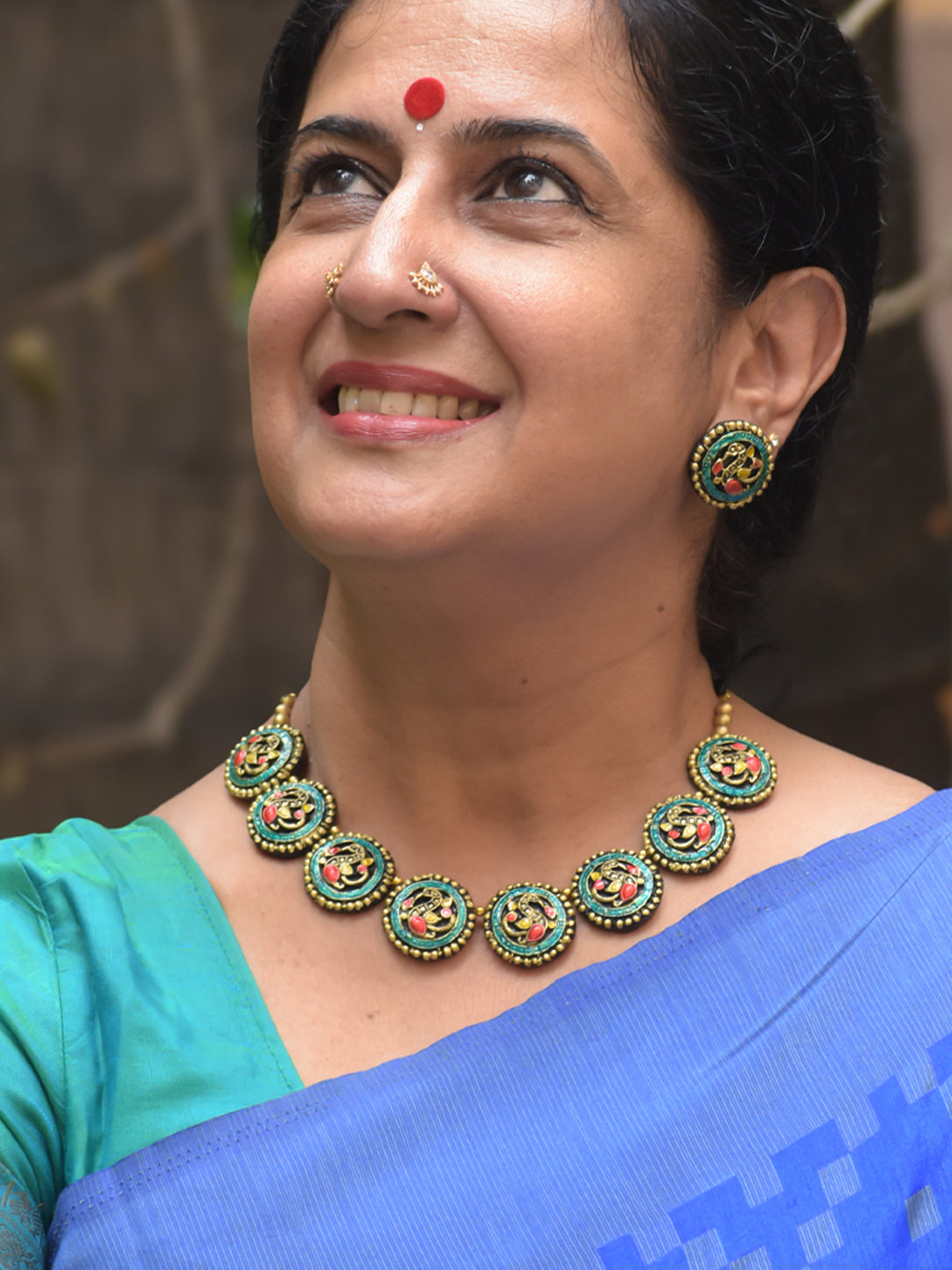 Handcrafted Peacock Design Terracotta Necklace Set in Blue, Pink & Antique Gold