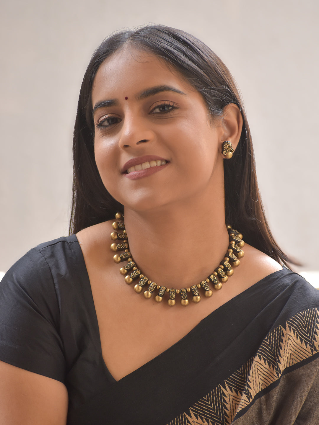 Terracotta Gold-Tone Beaded Choker Necklace With Studs