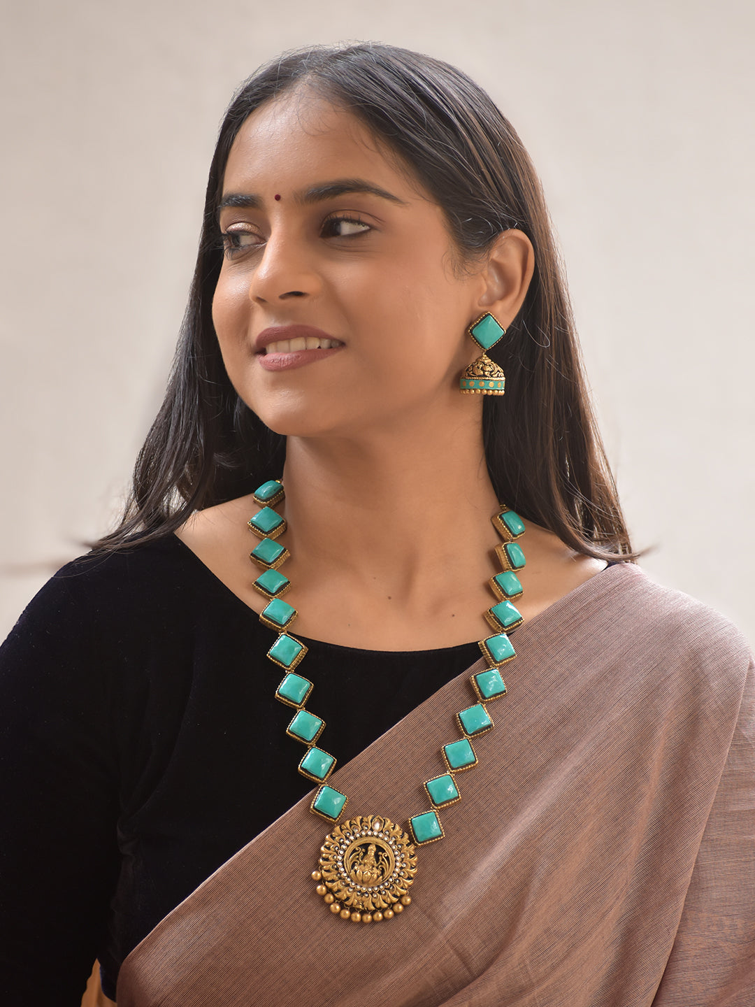 Neela Haram – Terracotta Turquoise Square-Bead Lakshmi Pendant Necklace Set