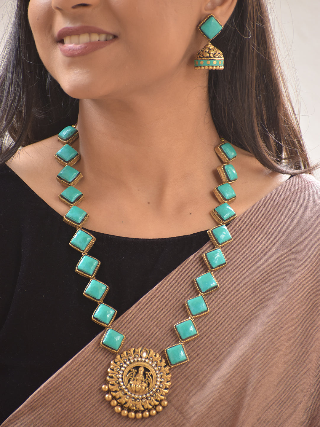 Neela Haram – Terracotta Turquoise Square-Bead Lakshmi Pendant Necklace Set