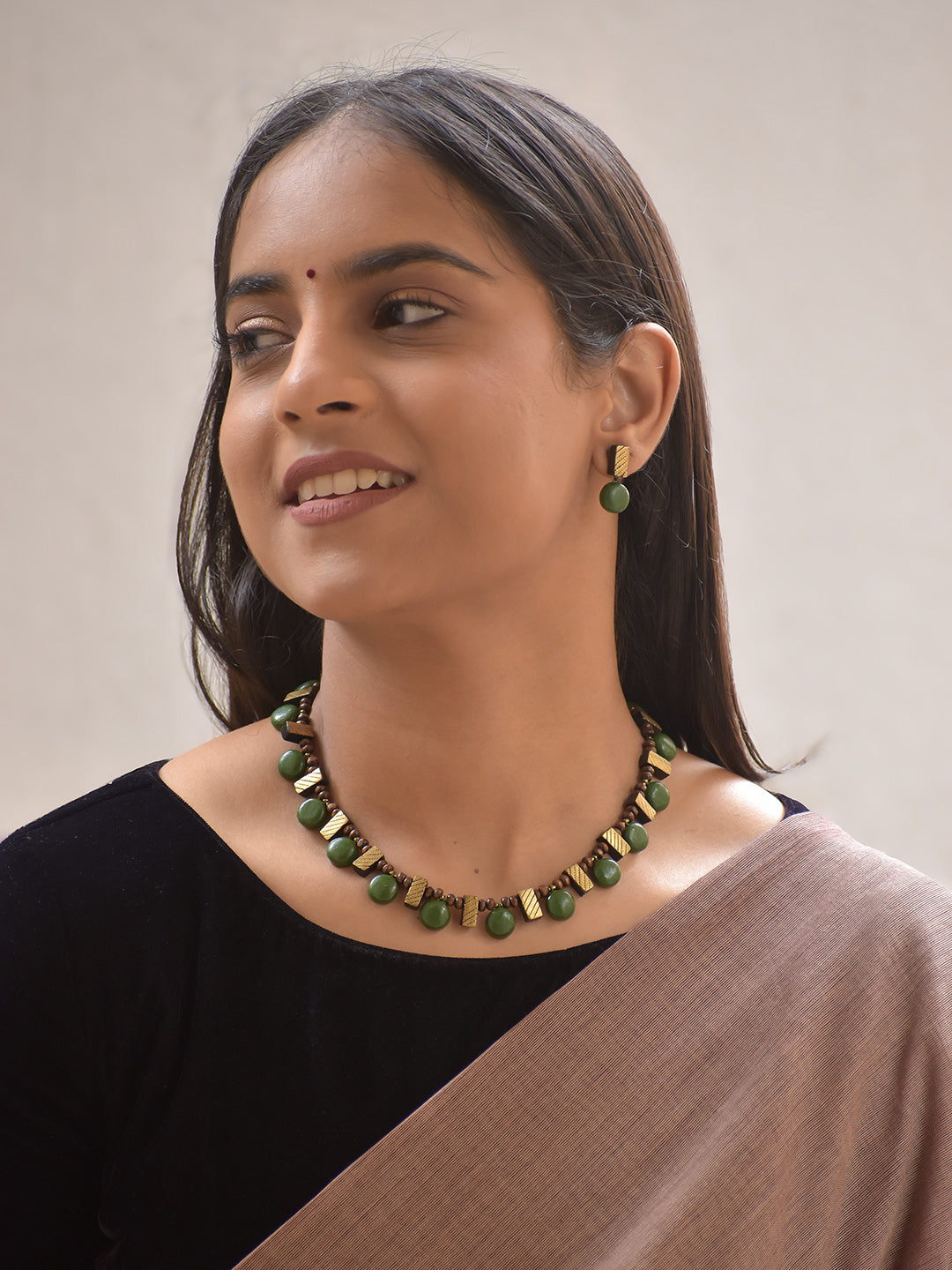 Vamika – Handmade Terracotta Green Bead Necklace Set with Textured Antique Bars and Matching Drop Earrings