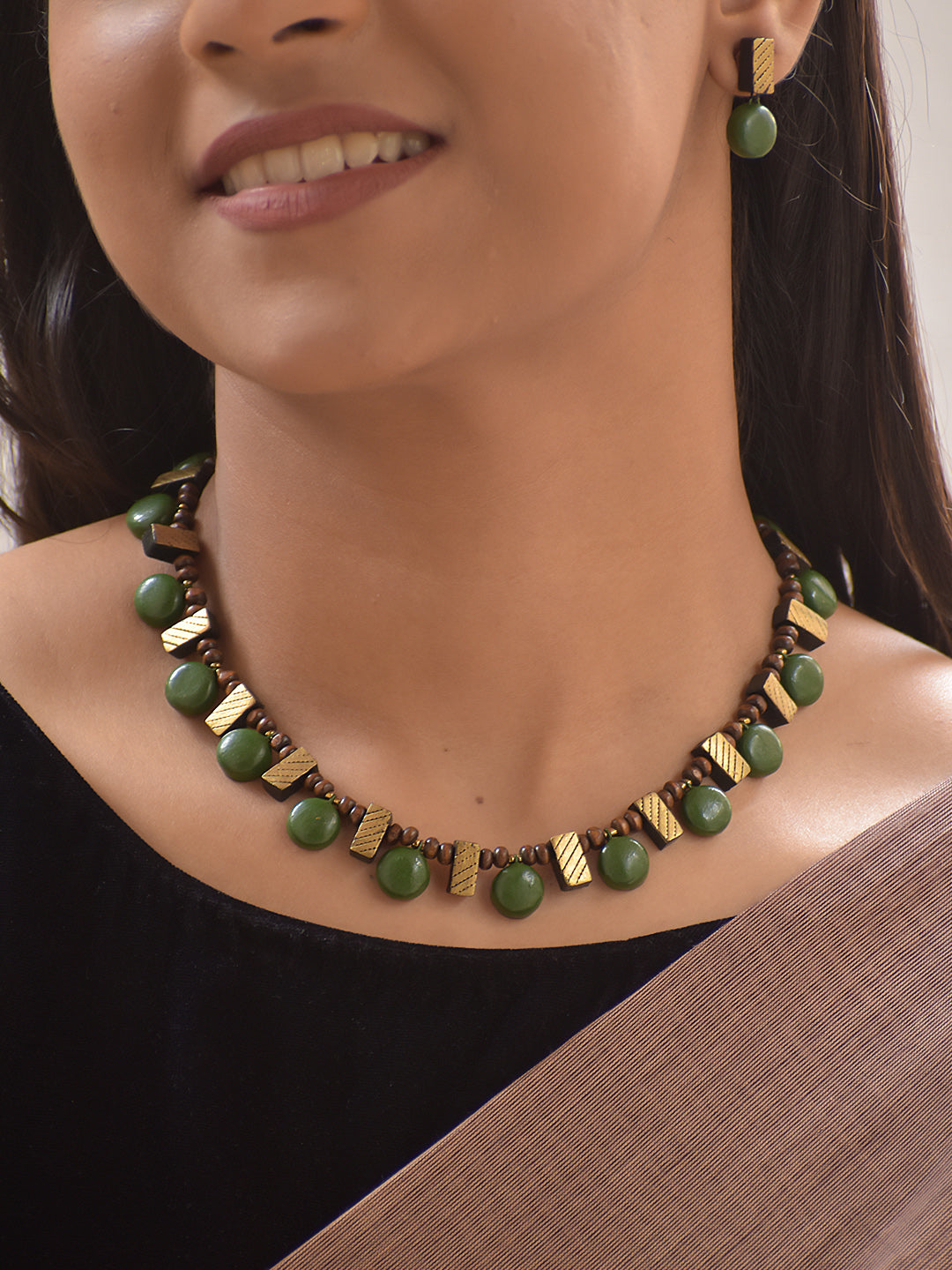 Vamika – Handmade Terracotta Green Bead Necklace Set with Textured Antique Bars and Matching Drop Earrings
