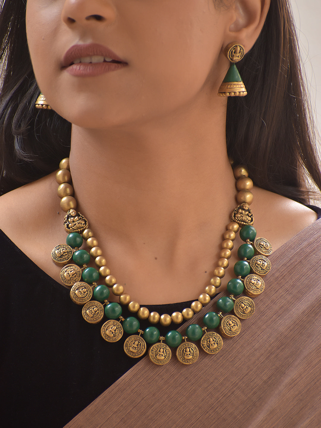 Shringar – Handmade Terracotta Lakshmi Coin Necklace Set with Green Beads and Antique Temple Jhumka Earrings