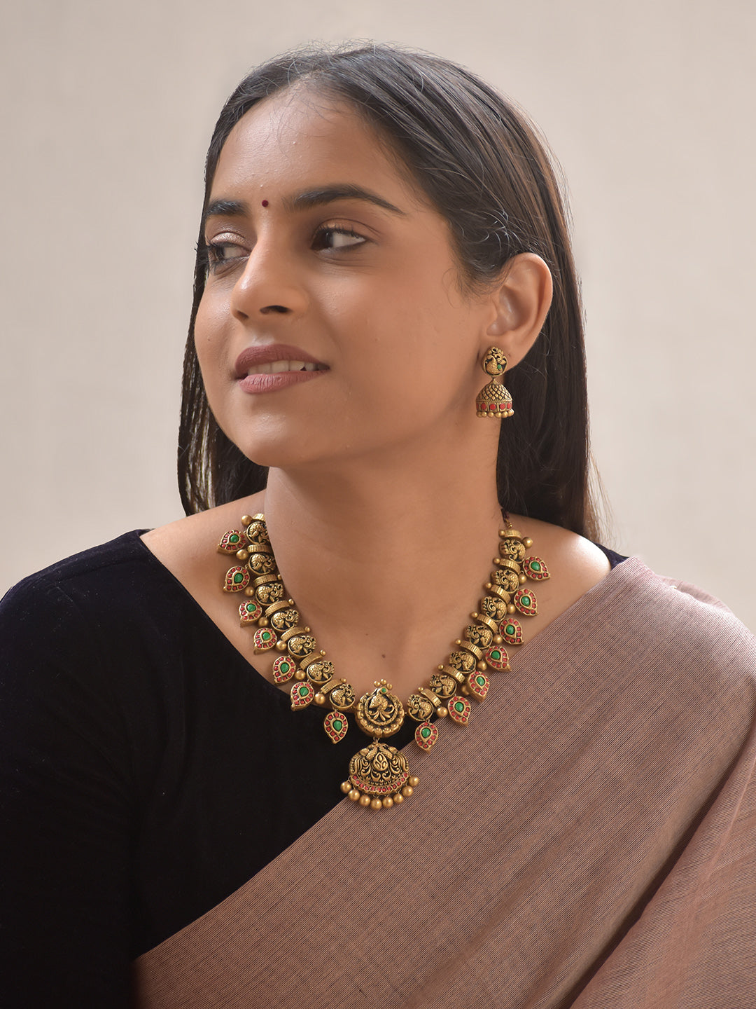 Hamsika – Handmade Terracotta Antique Swan Necklace Set with Red-Green Leaf Motifs and Engraved Jhumka Earrings