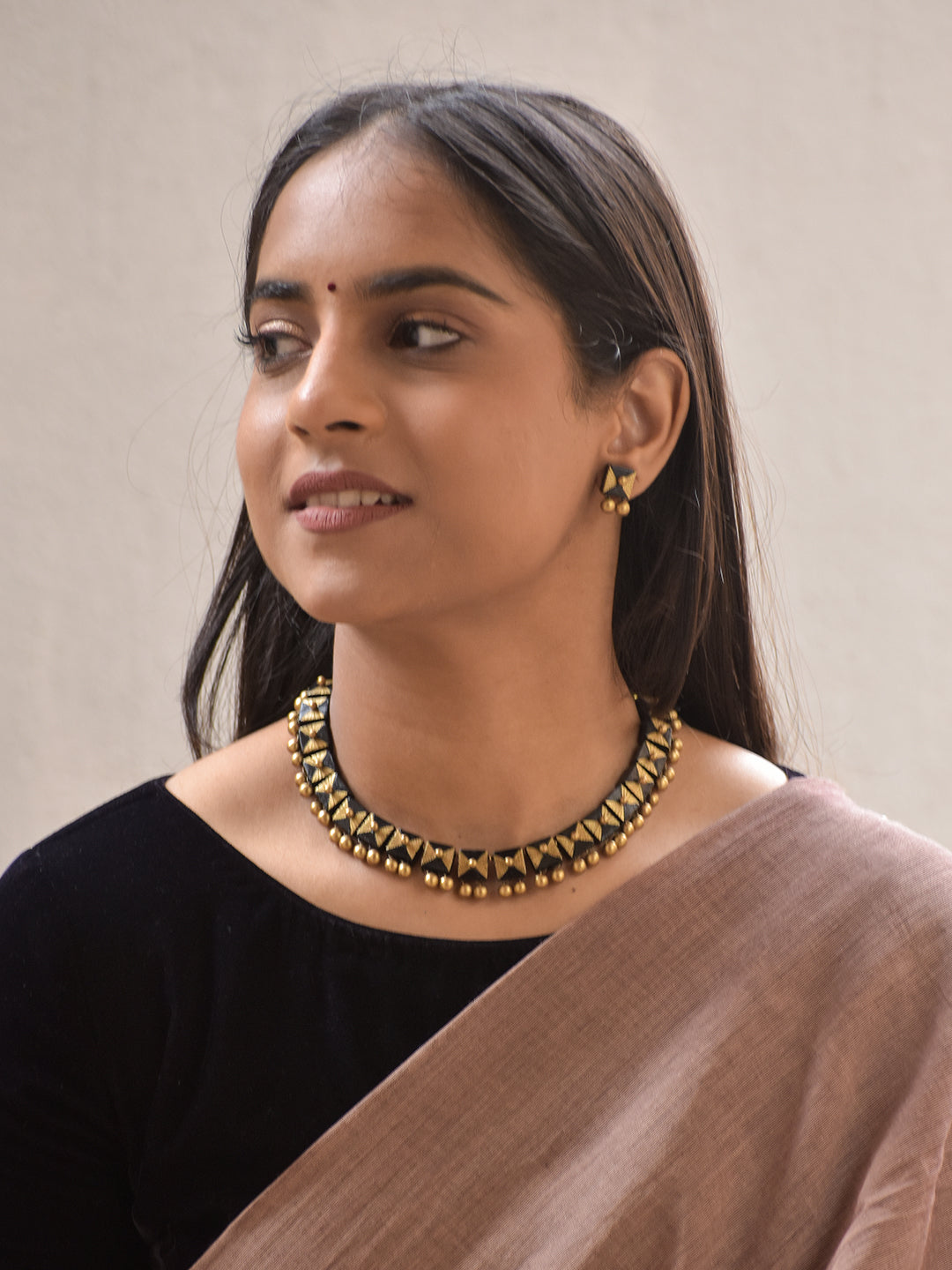 Terracotta Black Pyramid Beads Necklace Set with Golden Pearl Drops