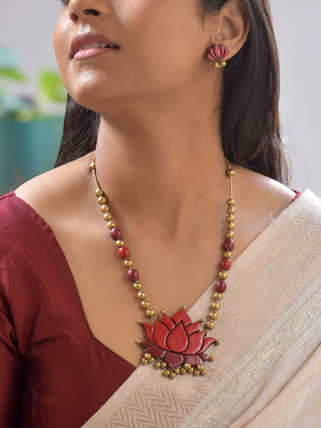 Terracotta Red Lotus Pendant Necklace with Golden Beads